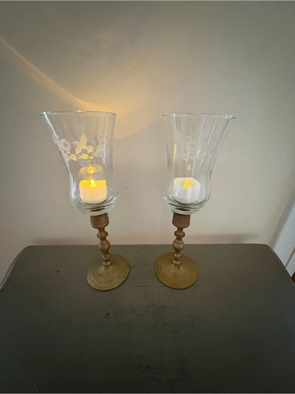 Two VTG Brass Taper Candlesticks With Clear Glass Hurricane Shades